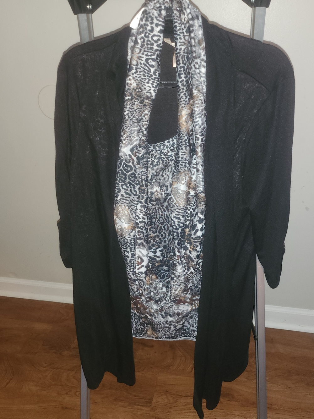 White Sag Black Open-Front Cardigan with Leopard Print Scarf Accent